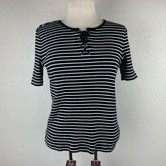 Lauren Ralph Lauren Black and White Striped Short Sleeve Top Size S EUC - Picture 1 of 5